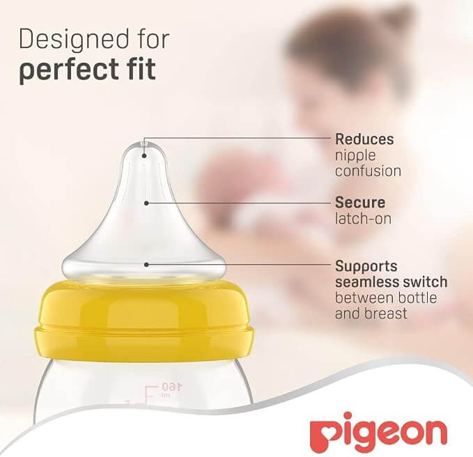 Pigeon SofTouch Nipple showcasing design features for perfect fit, reducing nipple confusion and ensuring secure latch-on.