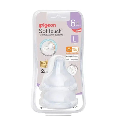 Pigeon SofTouch Nipple blister package with two clear silicone wide neck teats size L for 6+ months.