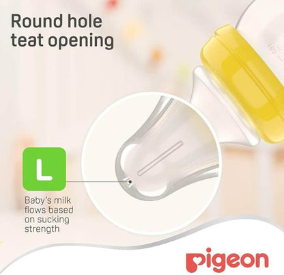 Pigeon SofTouch Nipple close-up diagram showing the round hole teat opening and size L specifications.