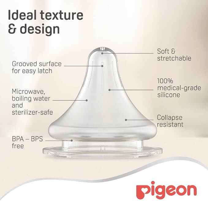 Pigeon SofTouch Nipple anatomical diagram detailing its soft silicone design and latch line features.