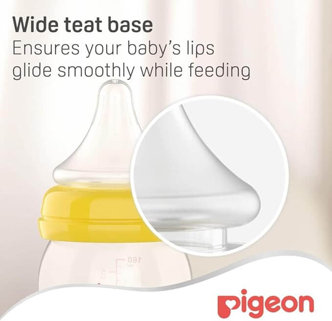 Pigeon SofTouch Nipple wide neck base feature diagram showing easy bottle assembly and secure fit.
