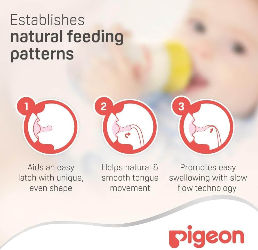 Infographic illustrating Pigeon SofTouch Nipple benefits: easy latch, natural movements, and slow flow technology.