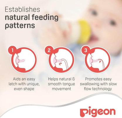 Infographic illustrating Pigeon SofTouch Nipple benefits: easy latch, natural movements, and slow flow technology.