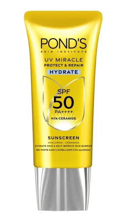 Pond's UV Miracle Sunscreen Hydrate SPF50 PA++++ tube packaging ultra light face sunscreen