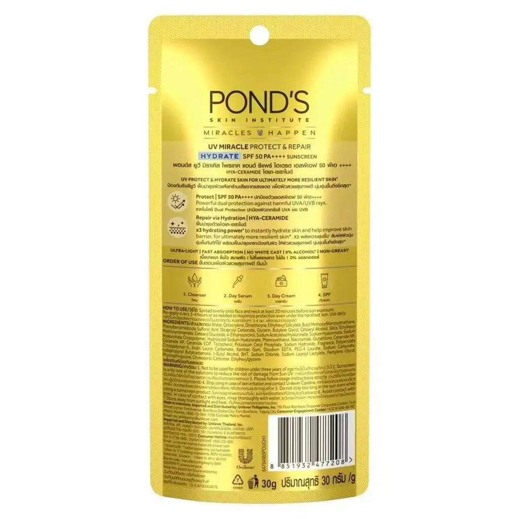 Pond's UV Miracle Sunscreen Hydrate SPF50 PA++++ product bottle with Hya Ceramide formula