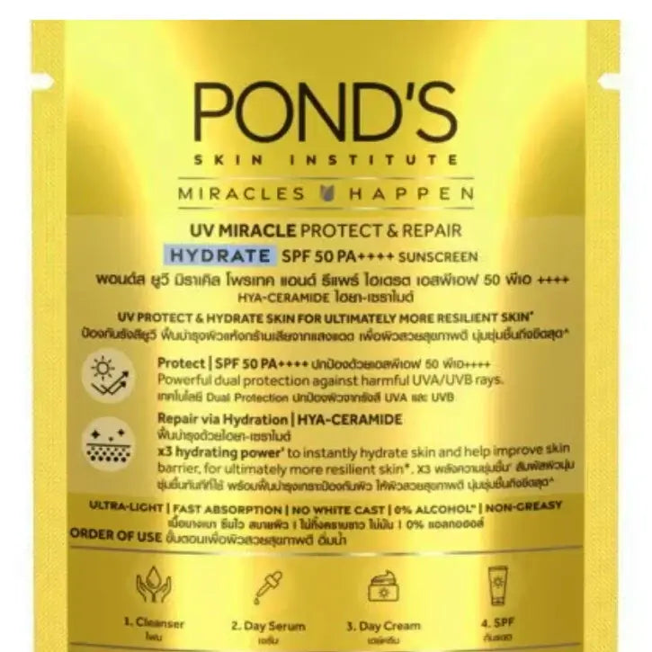 Pond's UV Miracle Sunscreen Hydrate SPF50 PA++++ back package details and usage information