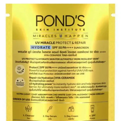 Pond's UV Miracle Sunscreen Hydrate SPF50 PA++++ back package details and usage information