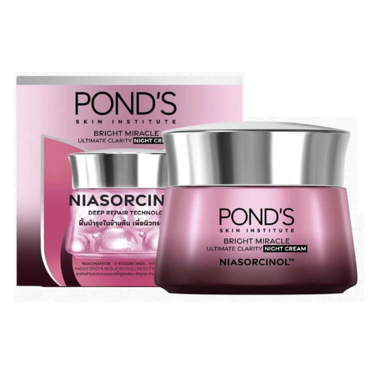 Ponds Bright Miracle Night Cream Ultimate Clarity Niasorcinol jar with retail box