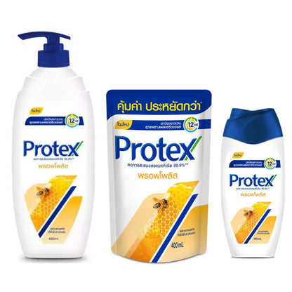 Protex Propolis Body Wash product lineup showing pump bottle, refill pouch, and squeeze bottle with natural flaxseed oil formula