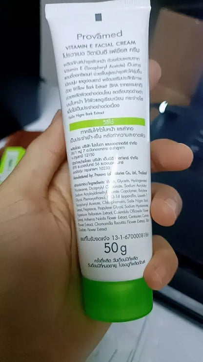 Provamed Vitamin E Facial Cream 50g full ingredients and manufacturer details on packaging back side