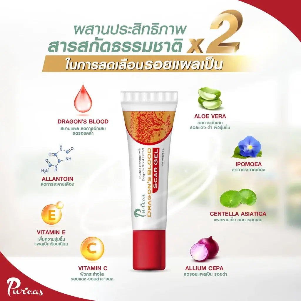 Puricas Dragon Blood Gel face and body skin care moisture nanogel, featuring ingredients like Aloe Vera and Centella Asiatica.