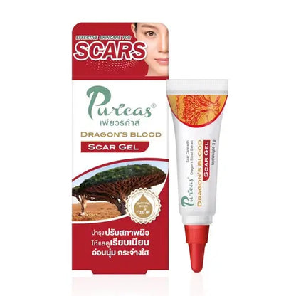 Puricas Dragon Blood Gel for scars in a tube with packaging, enhancing skin care and moisture.