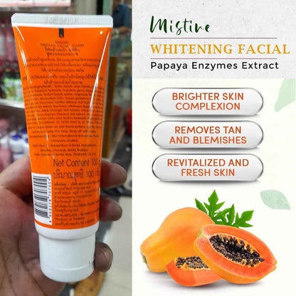 Mistine Papaya Facial Foam product photo with packaging details and papaya extract highlights