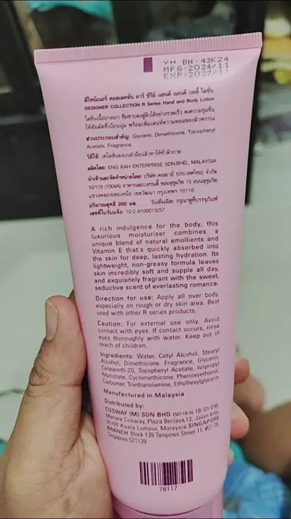 R Series Hand Body Lotion back packaging label with ingredients directions and barcode