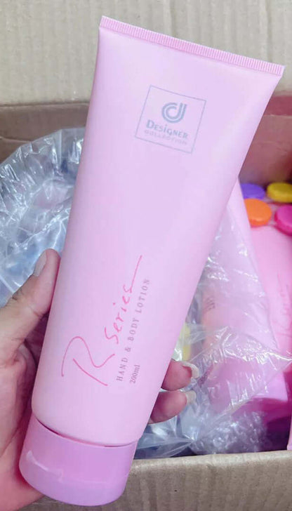 R Series Hand Body Lotion product tube held in hand showing size