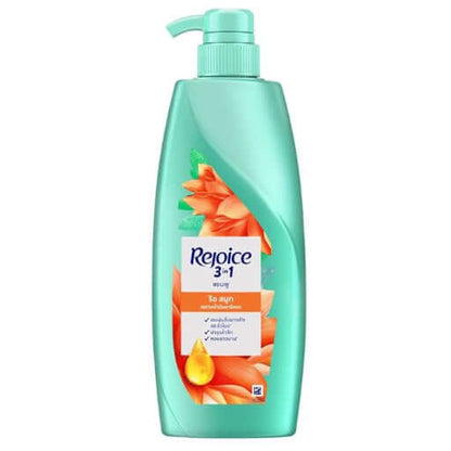 An angled side view of a large pump bottle of Rejoice Rich Smooth Shampoo 370ml, focusing on the bottle shape.