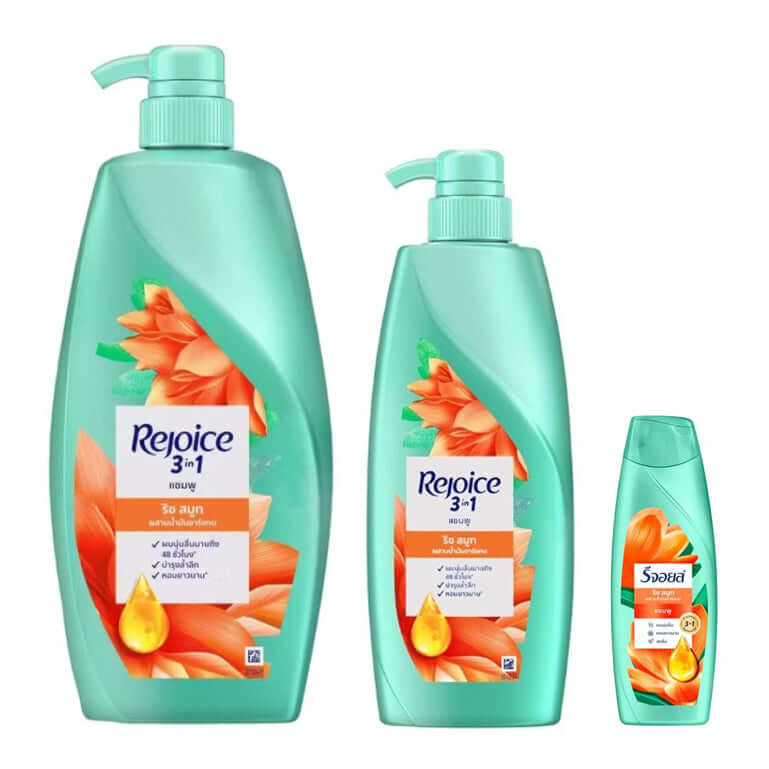 A group photo showing three different sizes of Rejoice Rich Smooth Shampoo in green bottles.