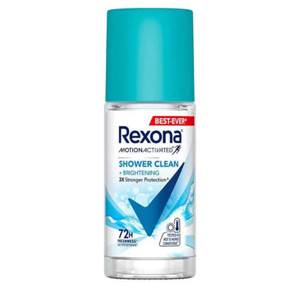Front view of Rexona Shower Clean Roll On bottle with a bright blue cap against a white background.