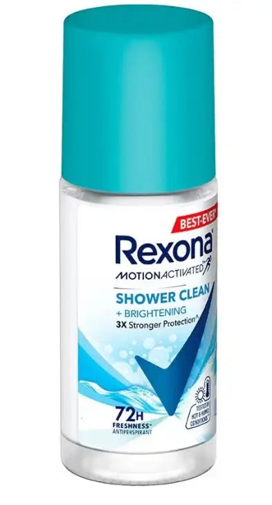 Side view of Rexona Shower Clean Roll On deodorant container showing the transparent glass bottle and blue lid.