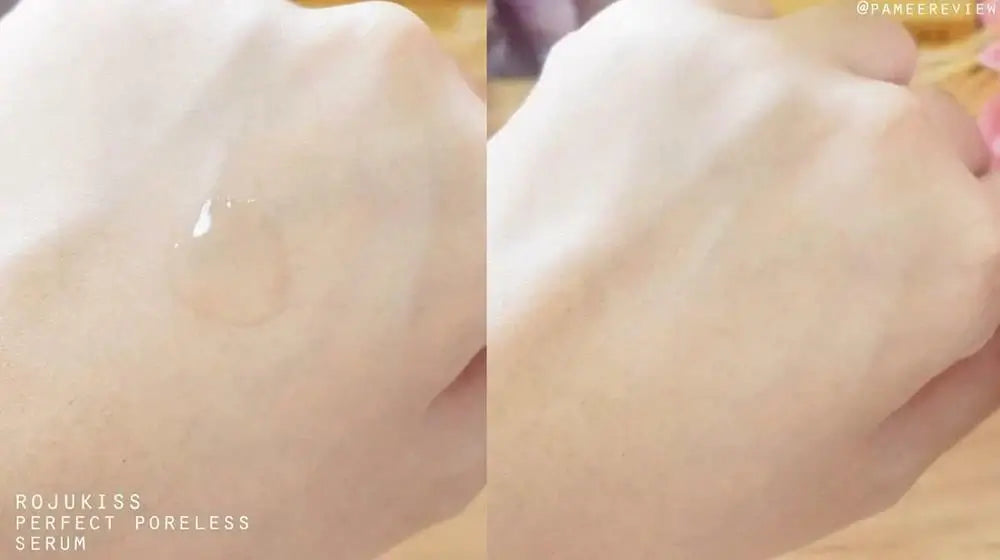 Rojukiss Perfect Poreless Serum shown on hand, highlighting its smooth texture and pore-refining properties.