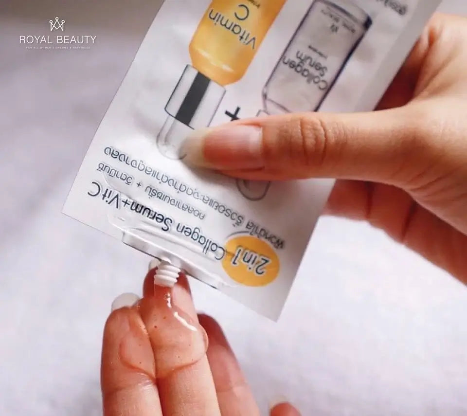 Royal Beauty Collagen Serum being squeezed from sachet onto palm