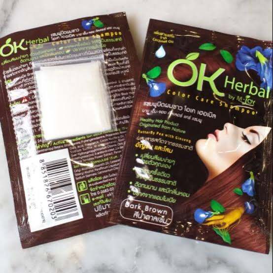 Opened OK Herbal Hair Dye Shampoo 30ml Dark Brown packaging showing sachet and label details