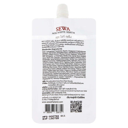 SEWA Age White Serum packaging with ingredient list and product details for skin revitalization.