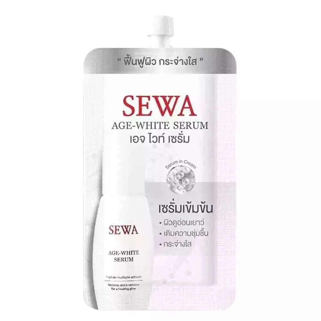 SEWA Age White Serum packaging showcasing serum attributes promoting radiant, youthful skin.