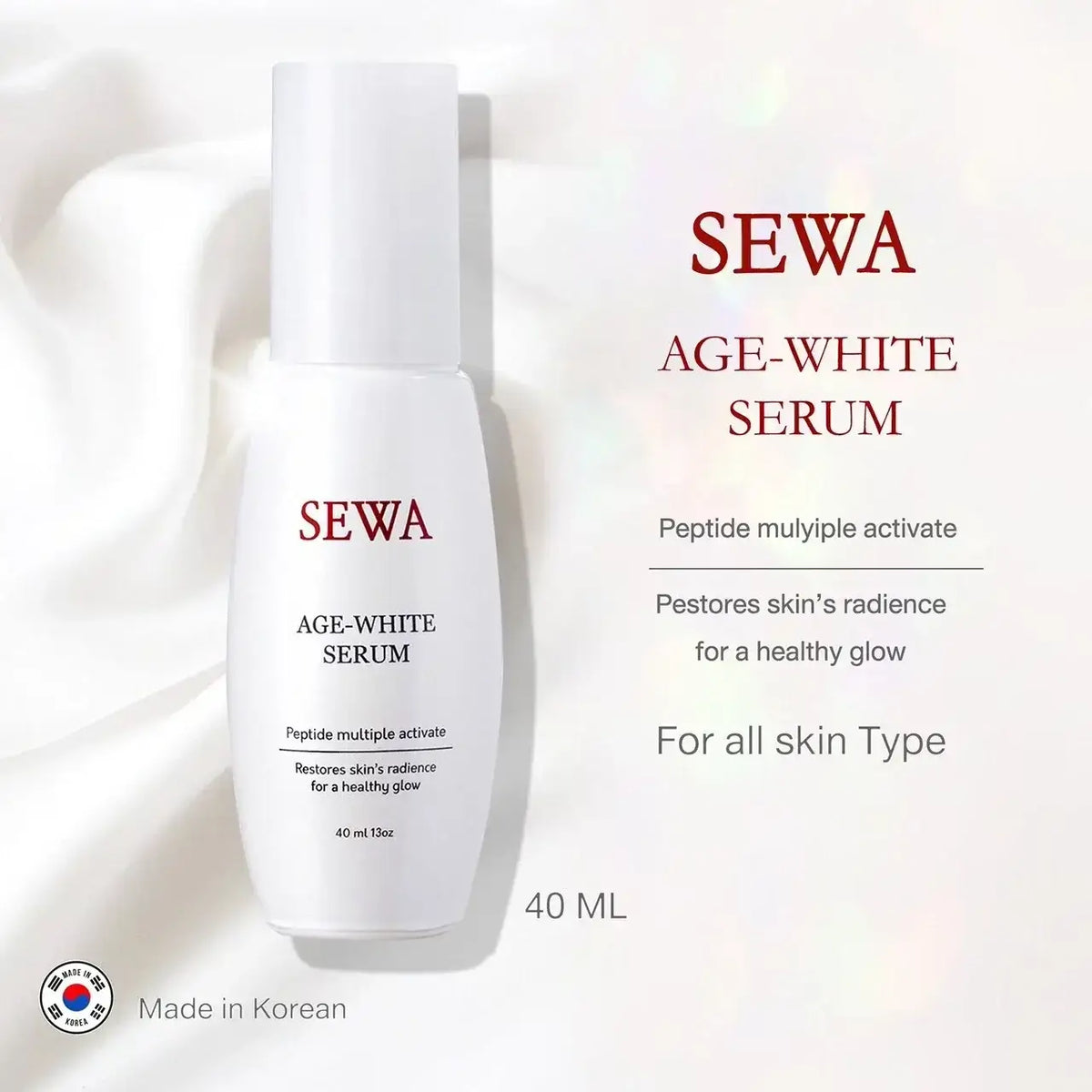 SEWA Age White Serum bottle displayed with product features and fabric background