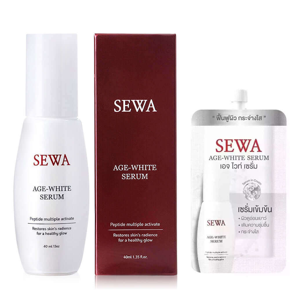 SEWA Age White Serum 40ml bottle, packaging box, and sachet set