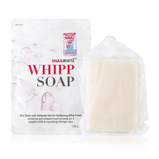 SNAILWHITE Whipp Soap Facial Cleansing Bar Foam with Delicate Net packaging and soap showing texture