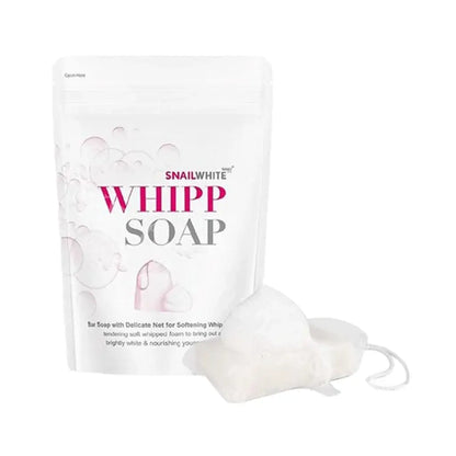 SNAILWHITE Whipp Soap packaging with delicate net for soft whipped foam, perfect for facial cleansing.