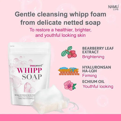 SNAILWHITE Whipp Soap packing with ingredients for gentle cleansing foam for healthier, brighter, youthful skin