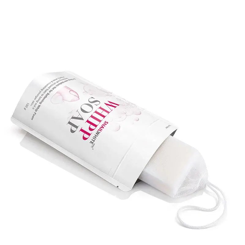 SNAILWHITE Whipp Soap Facial Cleansing Bar Foam with delicate net packaging, 80g, for gentle daily cleansing.