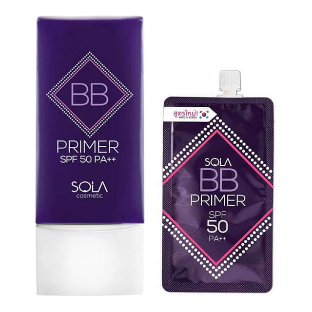 Product display of SOLA BB Primer in two packaging formats: a purple squeeze tube with a white cap and a sachet with a screw top.