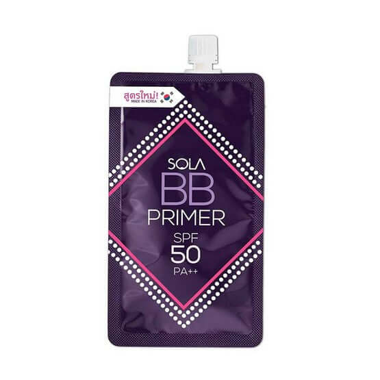 Front view of SOLA BB Primer 7ml as a single purple sachet, showing the "New Formula" sticker and full product details.