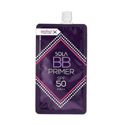 Front view of SOLA BB Primer 7ml as a single purple sachet, showing the "New Formula" sticker and full product details.