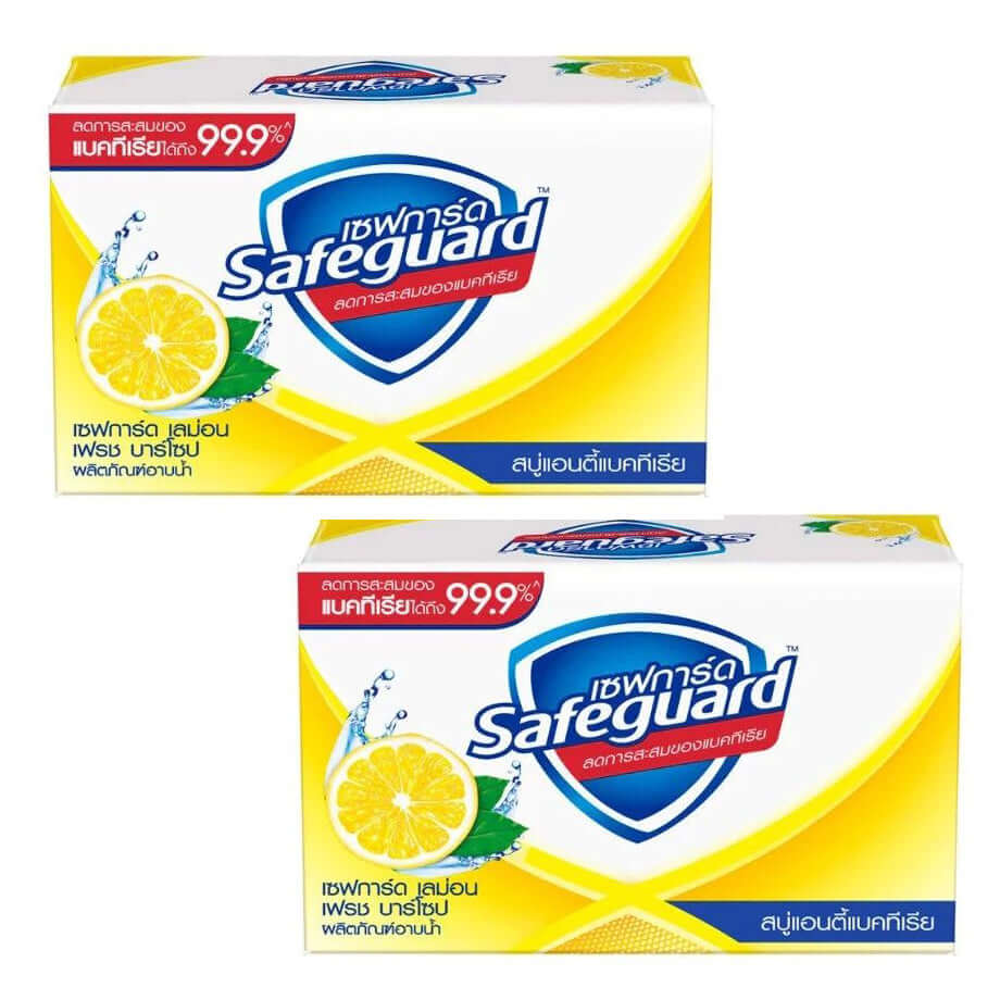 Safeguard Lemon Fresh Soap Bar packaging featuring lemon graphics and antibacterial benefits, set of 2 x 48g bars.