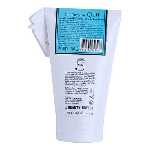 Back view of Scentio Milk Plus Facial Foam packaging detailing the product information and barcode sticker.