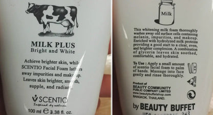 Close-up split image of Scentio Milk Plus Facial Foam English text labels on the back of the packaging.