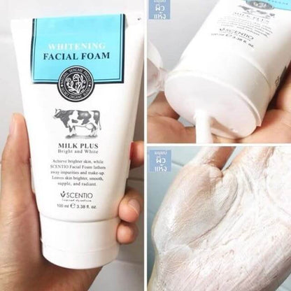 Split image demonstrating Scentio Milk Plus Facial Foam texture being squeezed out and lathered into a rich creamy foam on hands.
