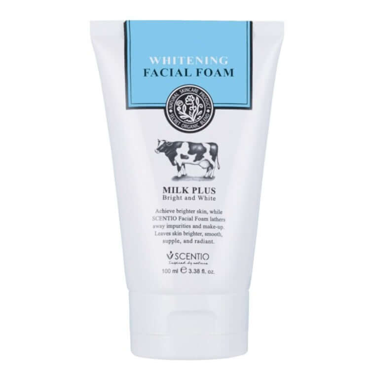 Front view of Scentio Milk Plus Facial Foam tube showing the cow illustration and light blue branding panel.