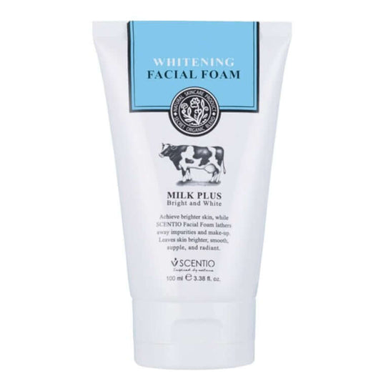 Front view of Scentio Milk Plus Facial Foam tube showing the cow illustration and light blue branding panel.