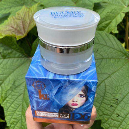 Be Like Anti Blemish Night Cream jar placed on natural background with blue cream container