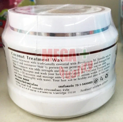 The rear side of a Sense Coconut Hair Treatment product jar, highlighting the barcode, expiry date, and details about the Sense treatment wax.
