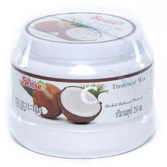 A white plastic jar of Sense Coconut Hair Treatment featuring a label with coconuts, "Spa" in a fancy font, and information about the product.