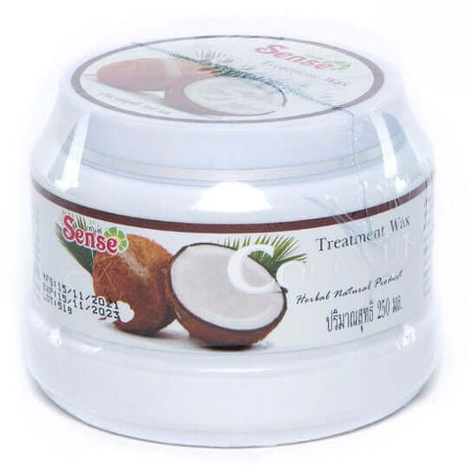 A white plastic jar of Sense Coconut Hair Treatment featuring a label with coconuts, "Spa" in a fancy font, and information about the product.