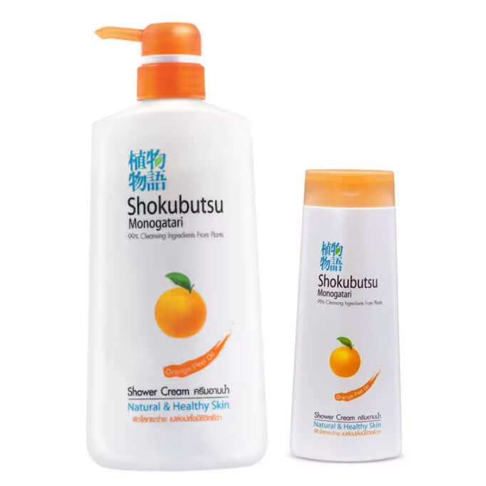 Shokubutsu Orange Shower Cream pump bottle and refill pack displaying the orange extract logo on a white background.