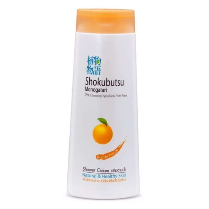 Shokubutsu Orange Shower Cream in a medium white bottle with an orange cap. 200ml