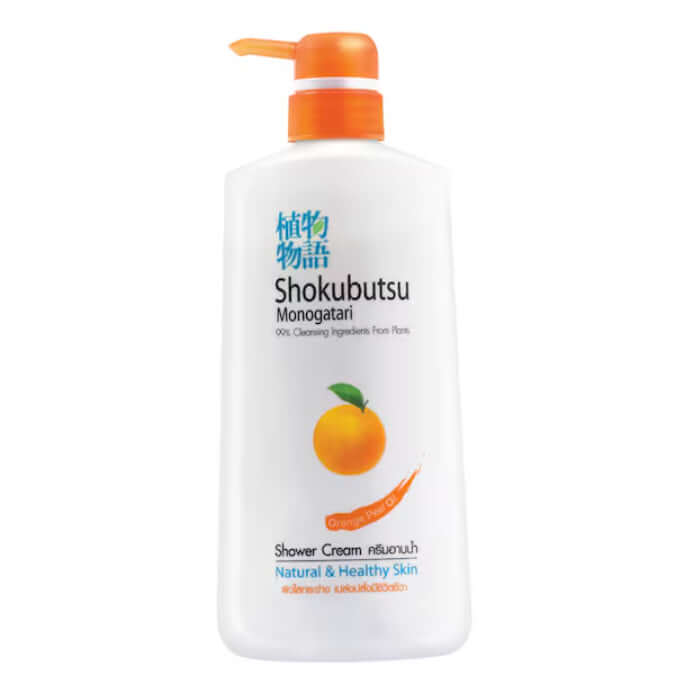 Shokubutsu Orange Shower Cream in a large white pump bottle with an orange pump top. 400ml